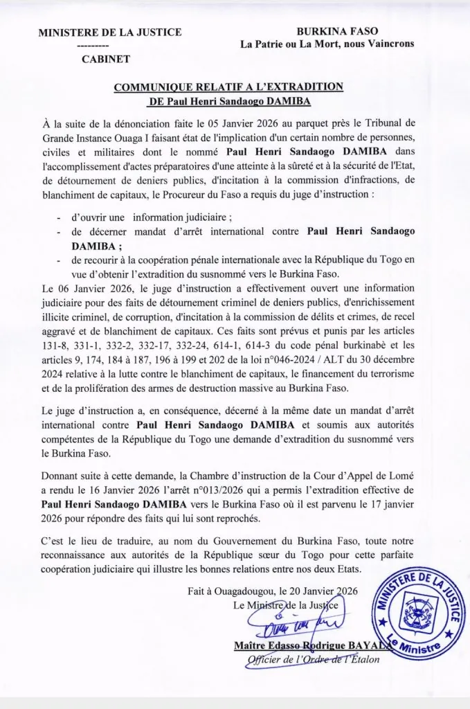 🔴 Extradition de Paul Henri Sandaogo Damiba : ce qu’il faut retenir .